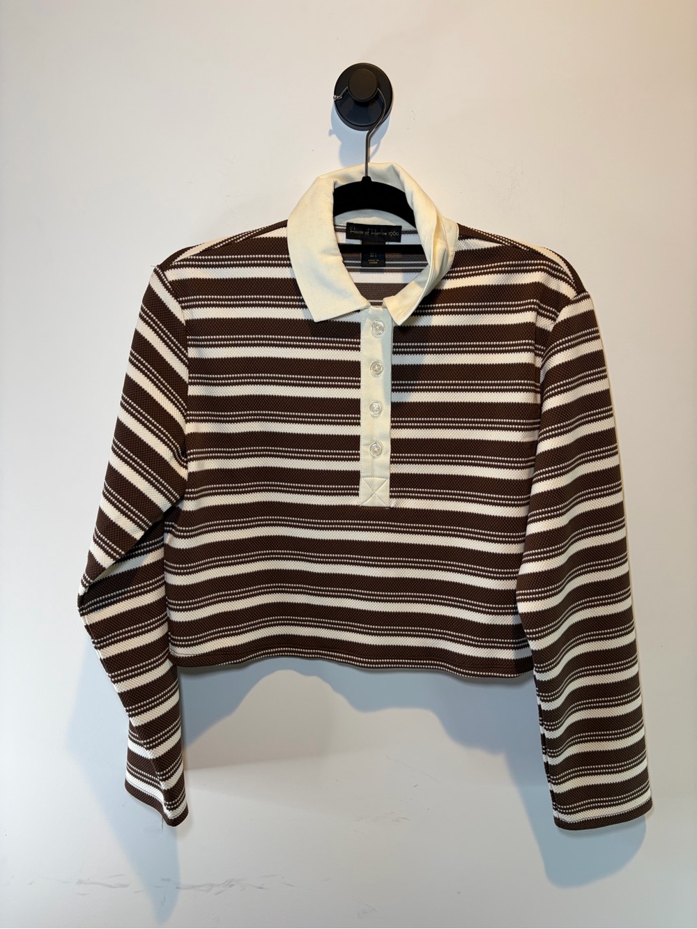 House of Harlow 1960 Brown and Cream Striped Collared Long-Sleeve Crop Top